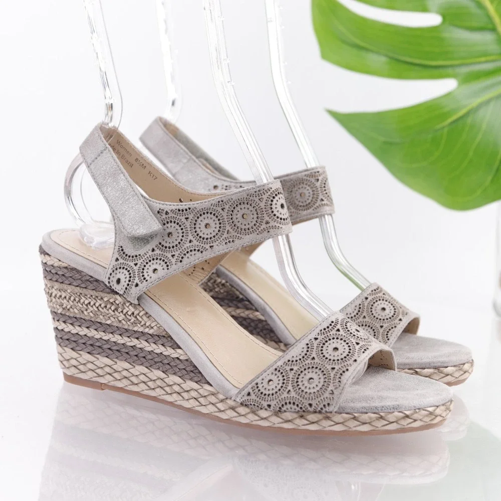 Johnston Murphy Womens Sandals Size 8.5 Grey Leather Decoupage Wedge Espadrilles